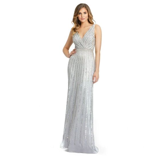 Mac duggal Plunging v neck beaded gown 5219 size 14 Platinum NEW - Picture 1 of 11